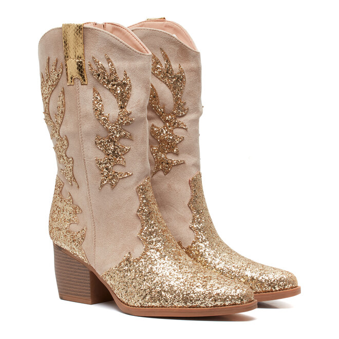 Cowboystiefel Beige Wildleder Gold Glitzer