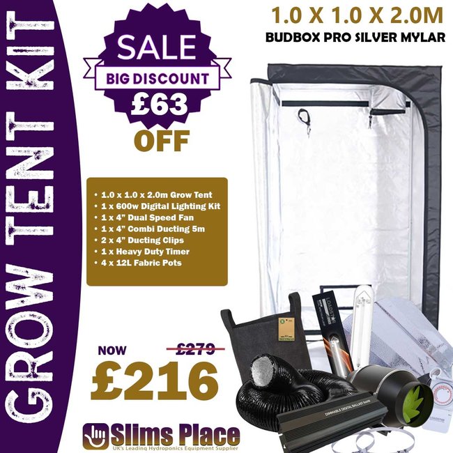 Grow Tent Kit BudBox PRO L200 Kit 1 x 1 x 2m Silver Mylar With Fan