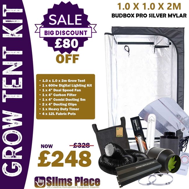 Grow Tent Kit BudBox PRO L200 Kit 1 x 1 x 2m Silver Mylar with filter