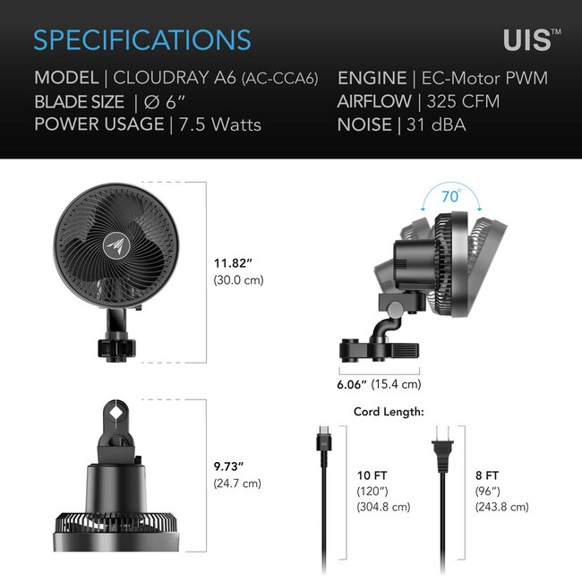 AC Infinity CLOUDRAY, Gen 2 Grow Tent Clip Fan with Long-Life EC Motor, 10-Level Dynamic Wind Modes & Fan Speeds, Manual Swivel