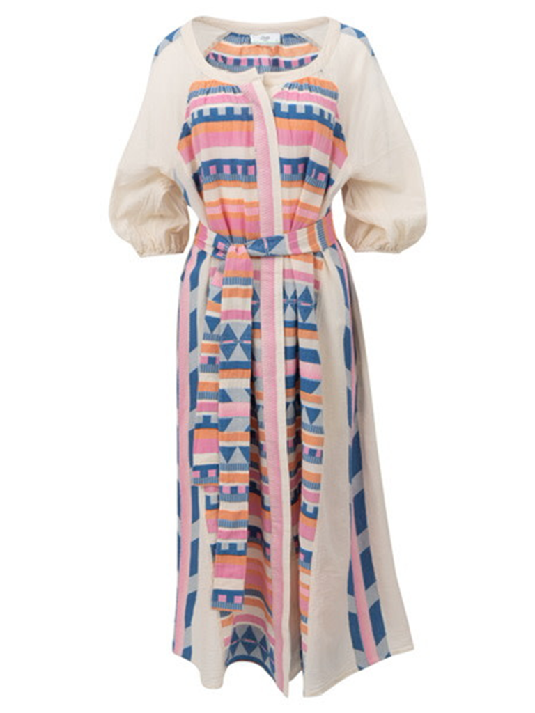 Devotion Moni maxi jurk met ceintuur en print blauw roze