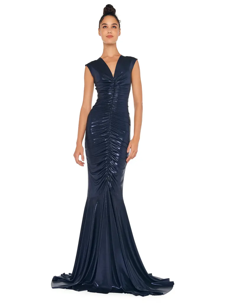 Norma Kamali Norma Kamali ST2243LMD43951 SLEEVELESS DEEP V NECK SHIRRED FRONT FISHTAIL GOWN TRUE NAVY