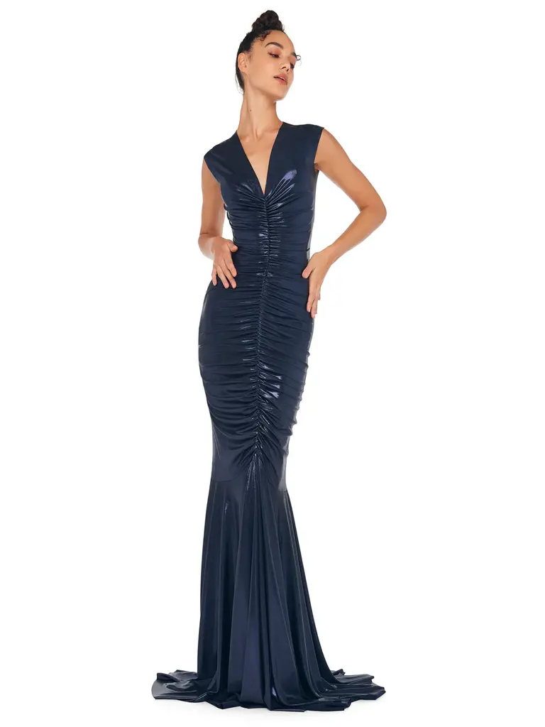 Norma Kamali Norma Kamali ST2243LMD43951 SLEEVELESS DEEP V NECK SHIRRED FRONT FISHTAIL GOWN TRUE NAVY