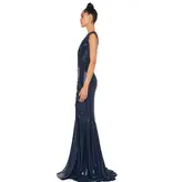 Norma Kamali Norma Kamali ST2243LMD43951 SLEEVELESS DEEP V NECK SHIRRED FRONT FISHTAIL GOWN TRUE NAVY