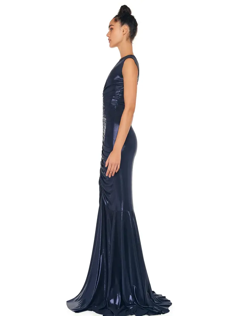 Norma Kamali Norma Kamali ST2243LMD43951 SLEEVELESS DEEP V NECK SHIRRED FRONT FISHTAIL GOWN TRUE NAVY