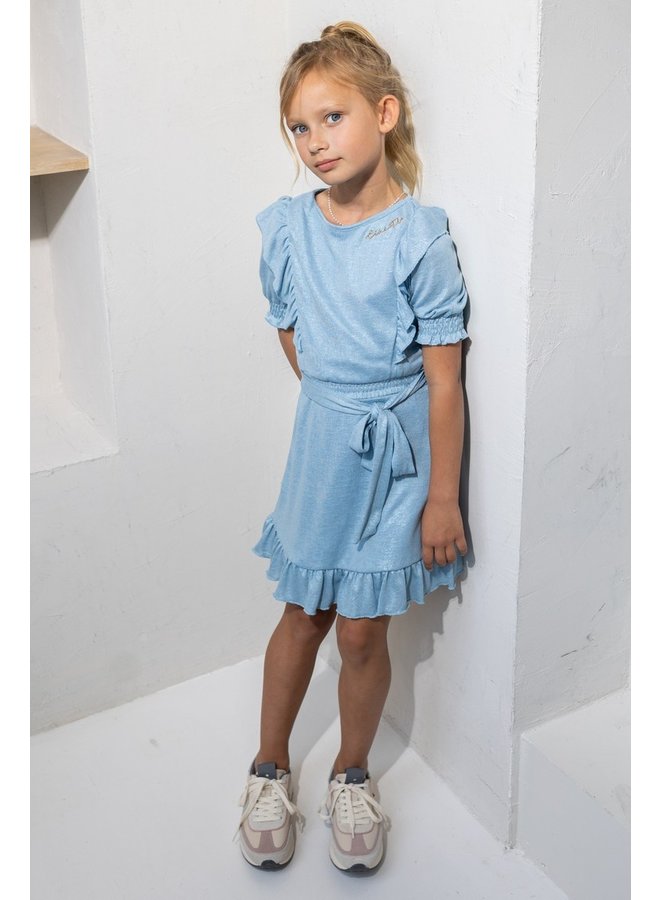 Flo girls metallic jersey ruffle dress with belt | F211-5840 Ice blue (131)