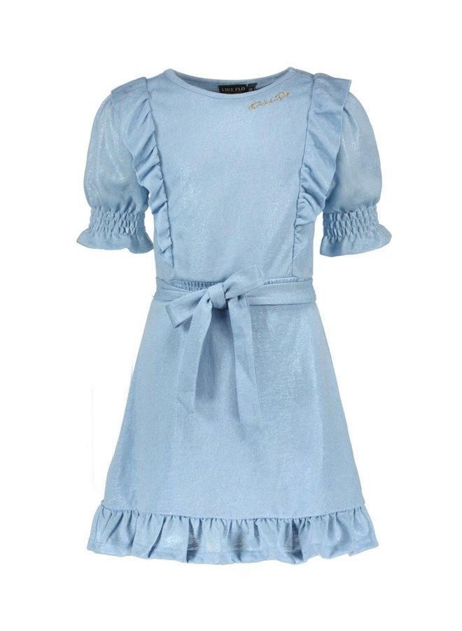 Flo girls metallic jersey ruffle dress with belt | F211-5840 Ice blue (131)