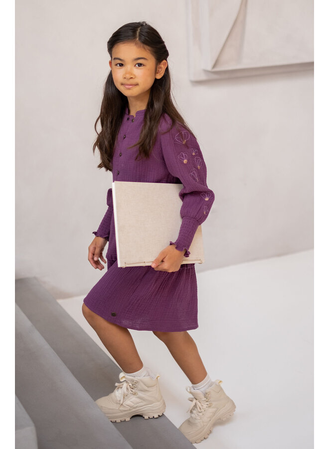 F408-5807 Mila Flo moussEefe dress with embroidery sleeves | Grape (286) W24