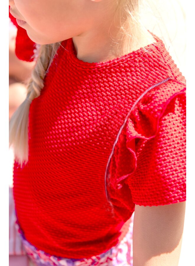 Teddie dotted jersey t-shirt with ruffle detail Y502-5414 | tomato red (259)