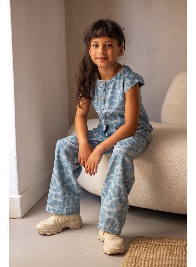 Clara Flo girls chambrey knotted top with CF closure F601-5107 | Denim AOP (186)