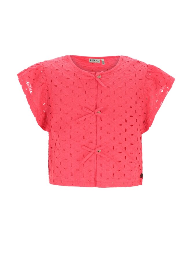 Charlotte Flo girls broderie anglaise blouse with fake bow closure F602-5109 | Strawberry (229)