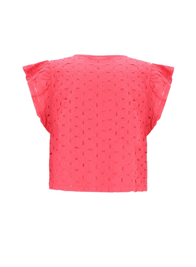 Charlotte Flo girls broderie anglaise blouse with fake bow closure F602-5109 | Strawberry (229)