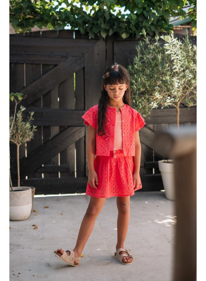 Charlotte Flo girls broderie anglaise blouse with fake bow closure F602-5109 | Strawberry (229)