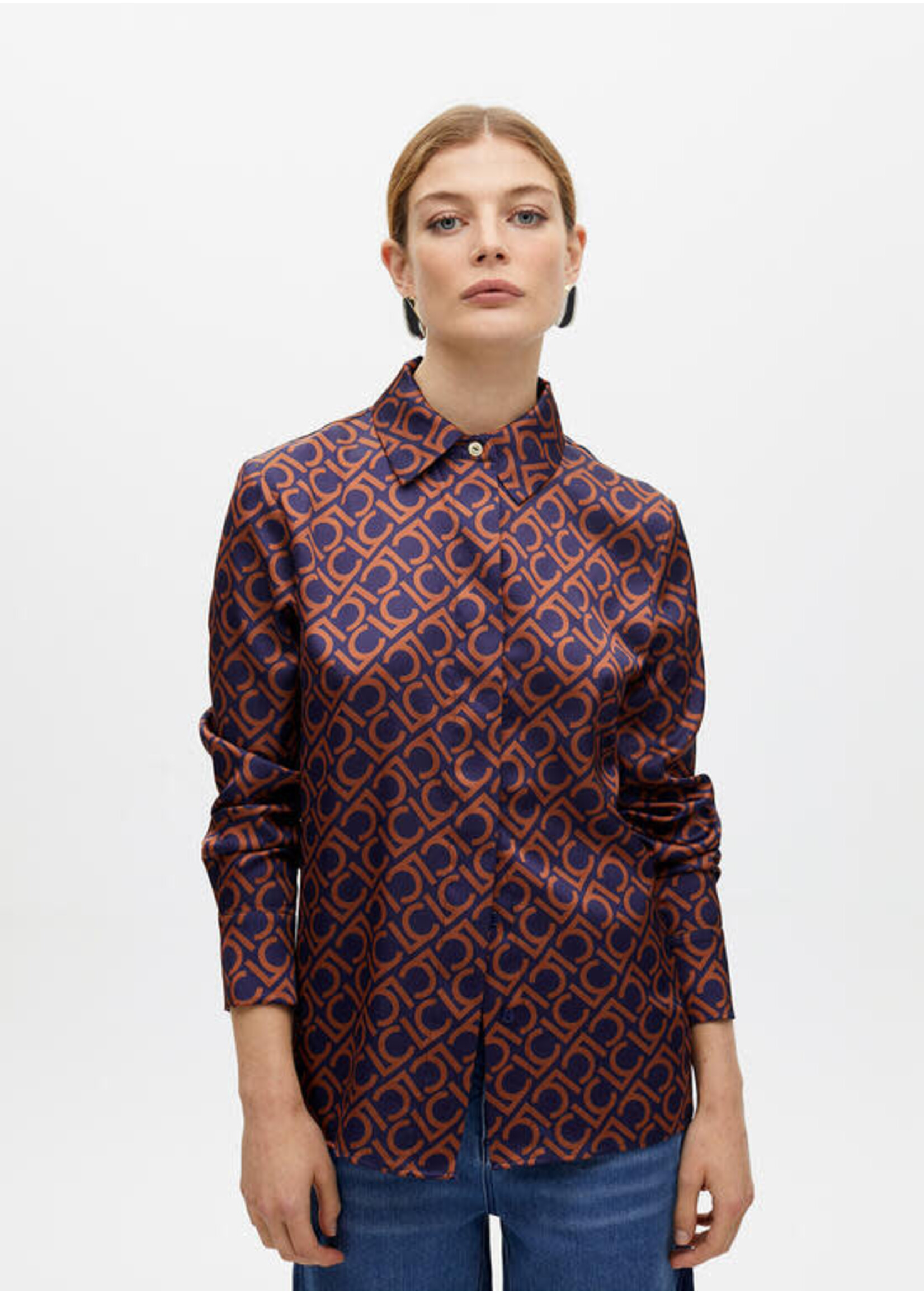 LF2515020 Camisa estampada en satén recta AZUL-MARRON