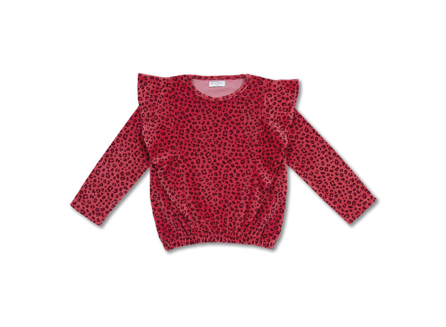 Ruffle Sweater Velour Red Leopard AOP
