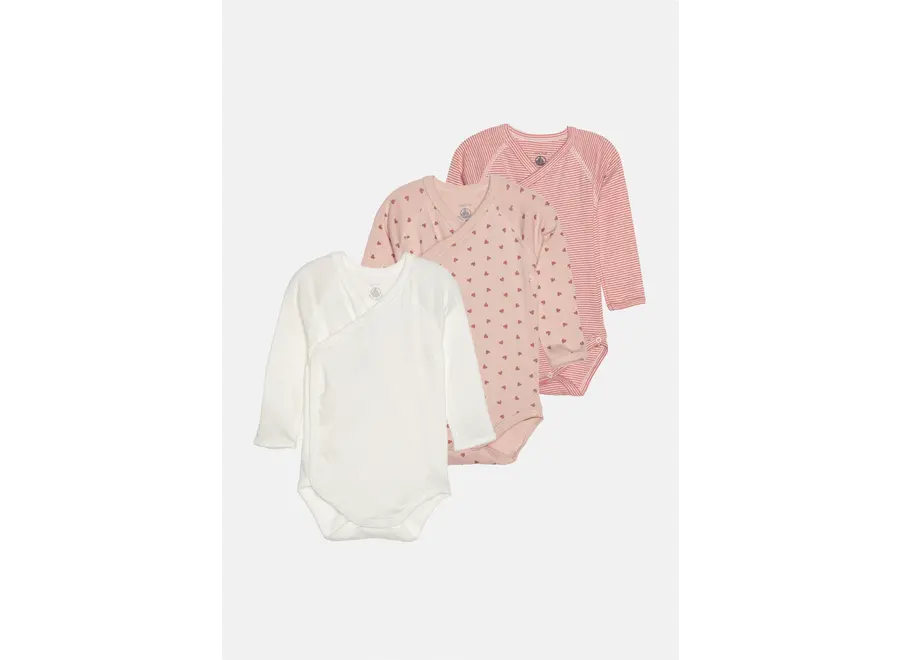 Romper lange mouw 3 pack roze streepje/hartje