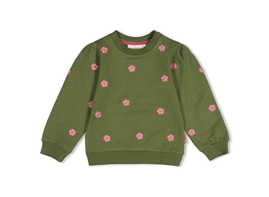 Sweater met borduursels - Moon Flowers - Olijf