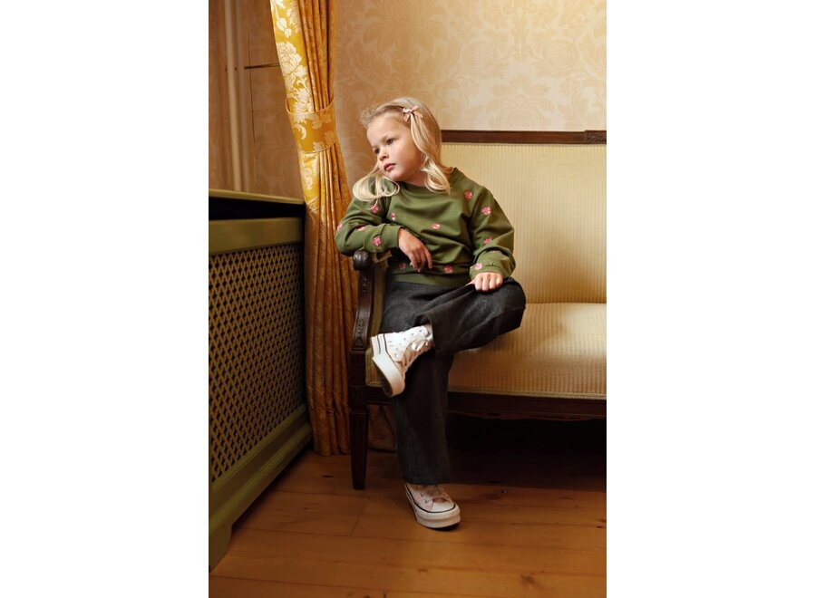 Sweater met borduursels - Moon Flowers - Olijf