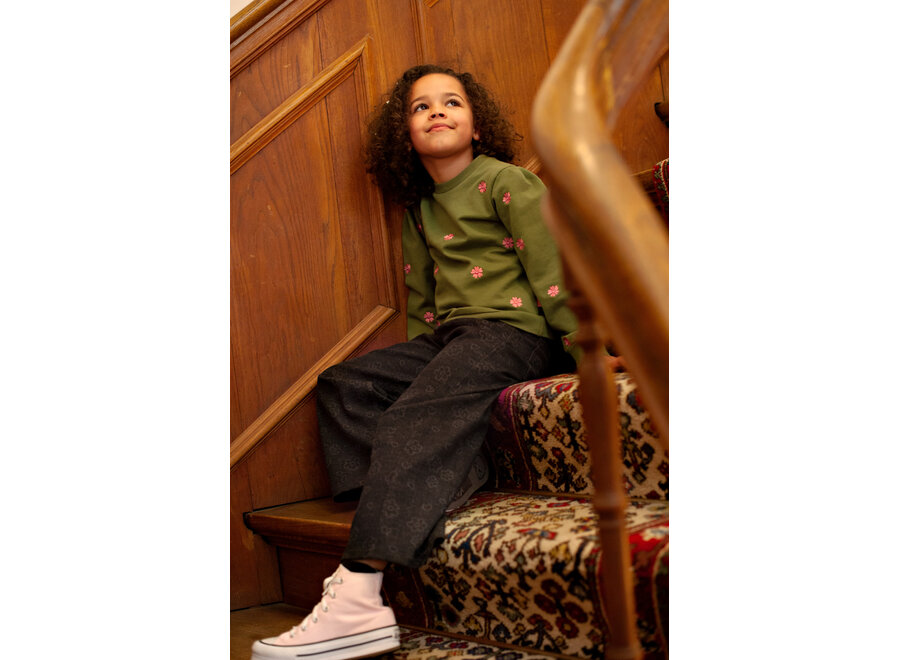 Sweater met borduursels - Moon Flowers - Olijf