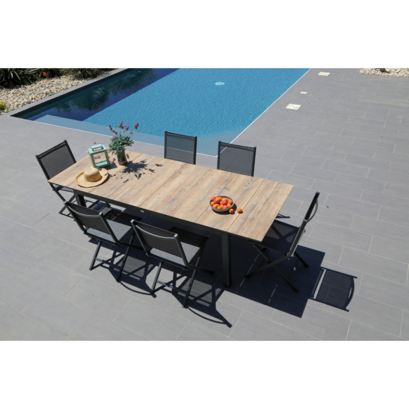 Proloisirs TAHAA uitschuiftafel 180/240x90 antraciet frame met HPL houtlook latten