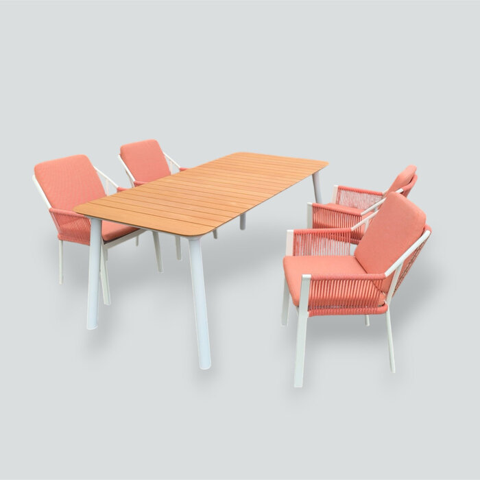 Hamilton Bay Outdoor 5-delig tuinset LIV wit- Lobster red en MIKA tafel +teak 182x92cm