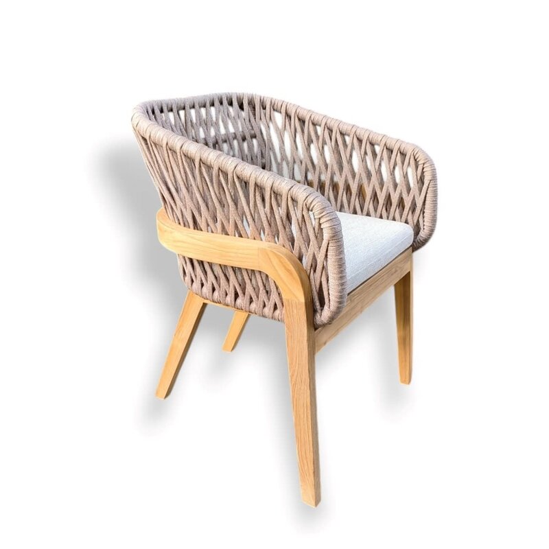 Traditional Teak Callisto Batur diningchair natural rope - teak - white cushions