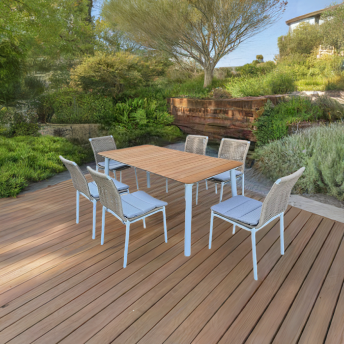 Hamilton Bay Outdoor Hamilton Bay 7-delig tuinset Friendly diningchair white-natural en MIKA tafel +teak 182x92cm