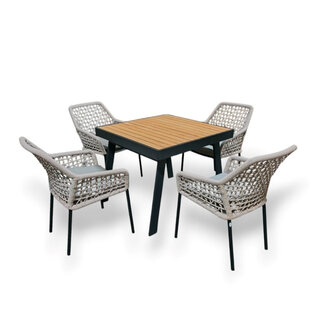 Hamilton Bay Outdoor 5-delig tuinset Kettler Spezia armstoel light grey en Higold Nofi tafel +teak 90x90cm