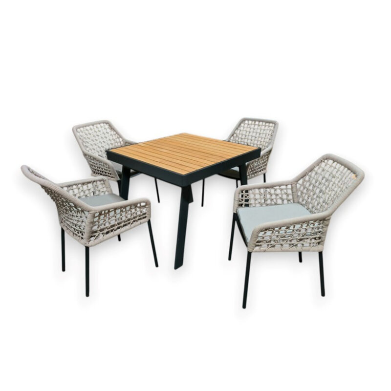Hamilton Bay Outdoor 5-delig tuinset Kettler Spezia armstoel light grey en Higold Nofi tafel +teak 90x90cm