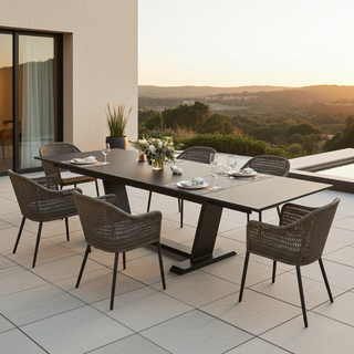 Proloisirs AMBER double extension table 180/230/280x100cm - dark grey aluminum frame - black Kedra ceramic stone top