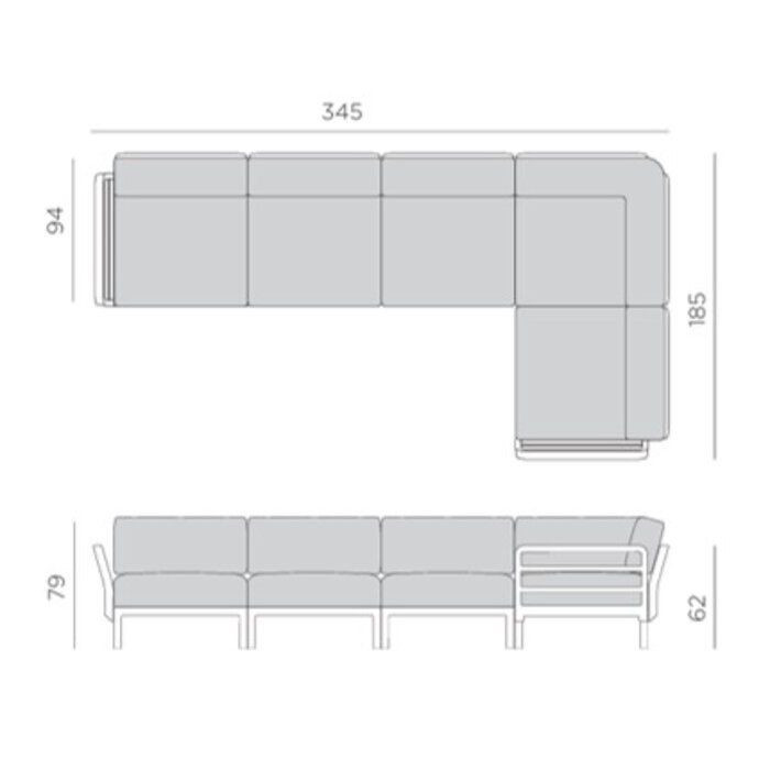 Nardi Nardi Maximo 5 – modular lounge corner – Gesso light grey frame color – various Sunbrella cushion colors –