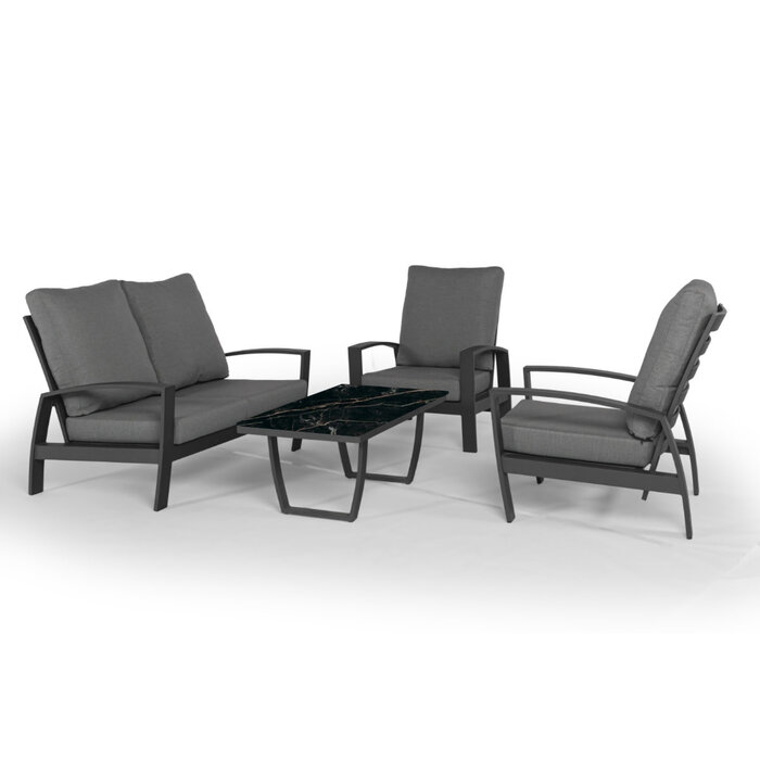 Tierra Outdoor Tierra Outdoor Valencia 4-delige set met 2-seater sofa - grijs frame - charcoal grijze kussens - koffietafel met hpl marble top