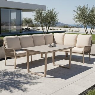Tierra Outdoor Tierra Outdoor 3-piece LIV LOUNGE DINING SET - RIGHT - CHAMPAGNE - NAVAJO WHITE -  with table HPL OPHIRA