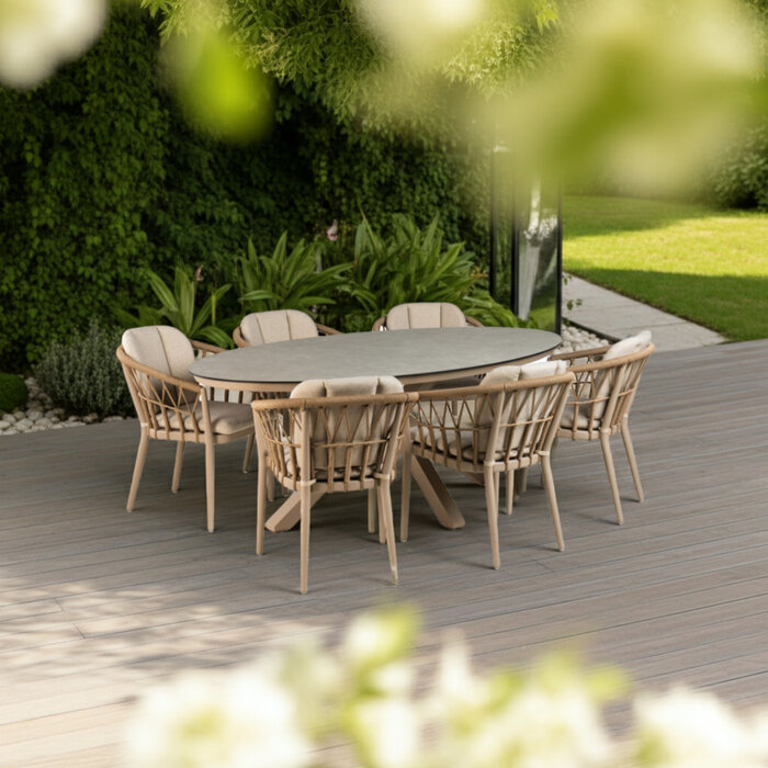 Hamilton Bay Outdoor Tierra Outdoor 7-piece diningset with SantaFe armchairs champagne - and Oblong table oval 200x110cm with Bergamo HPL top