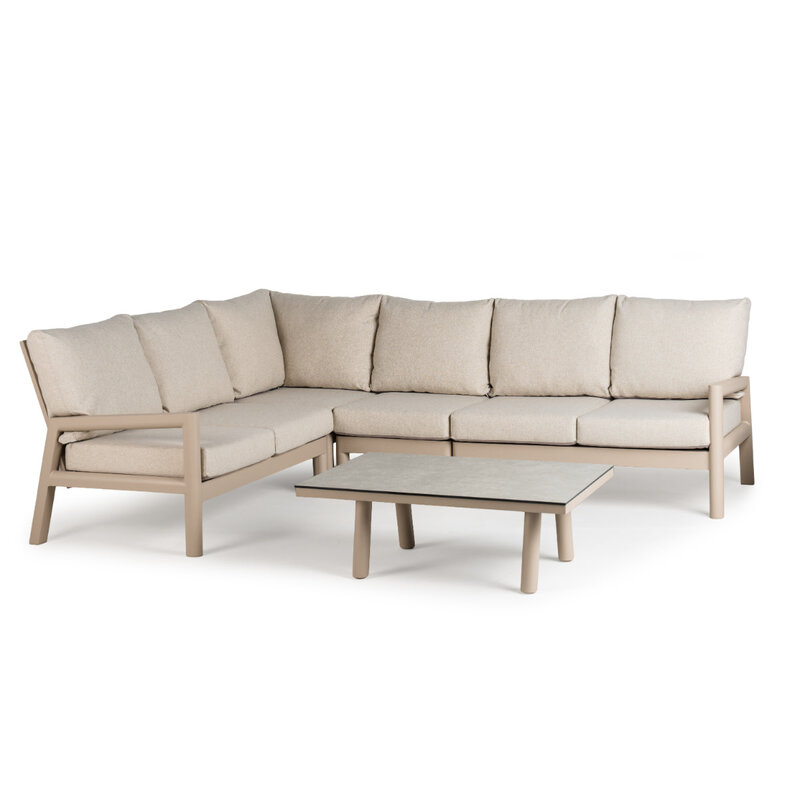 Tierra Outdoor Tierra Outdoor Sevilla 5-delige XL set met SMALL corner Champagne frame - Navajo White kussens - OPHIRA HPL blad