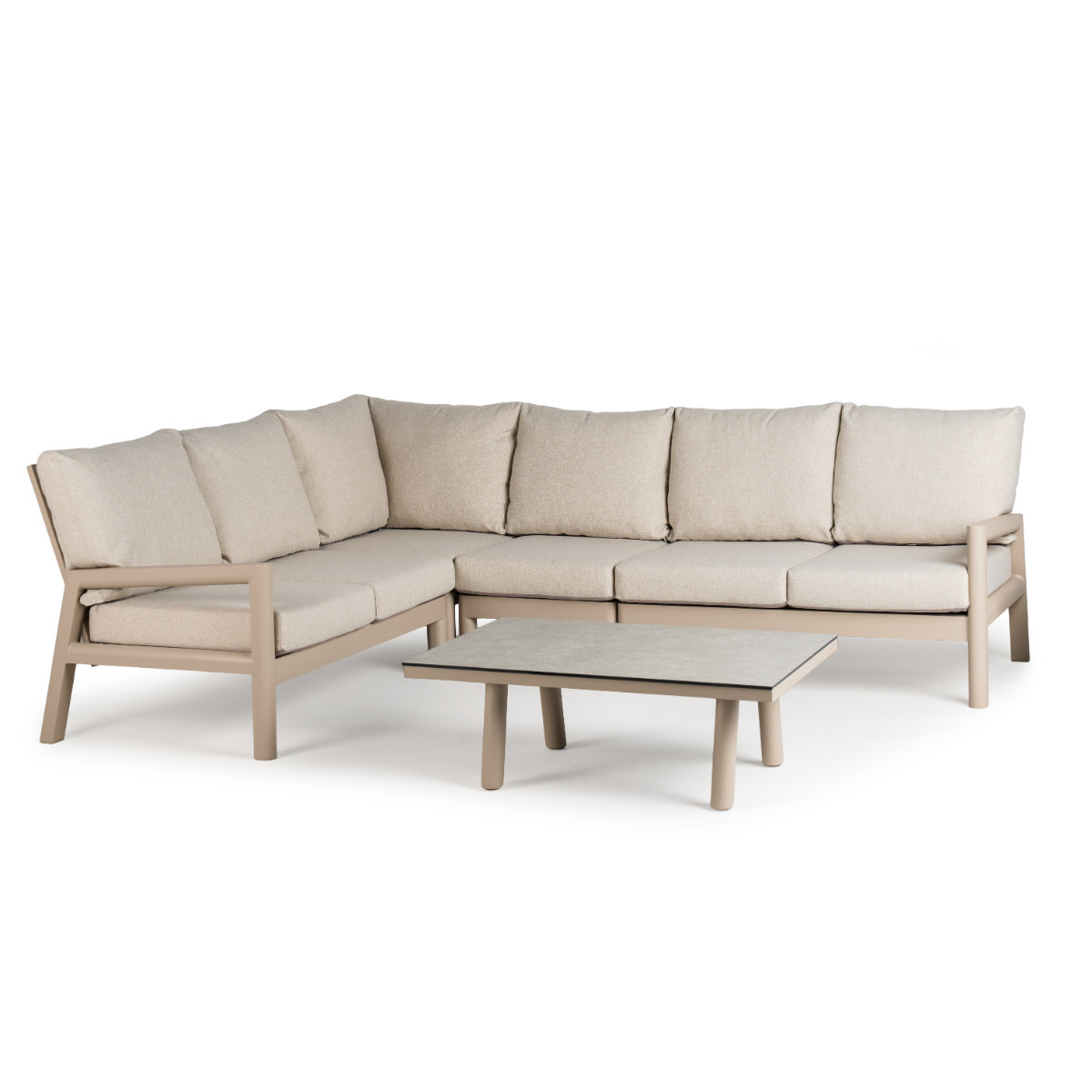 Tierra Outdoor Tierra Outdoor Sevilla 5-piece XL set with SMALL corner Champagne frame - Navajo White cushions -  OPHIRA HPL top