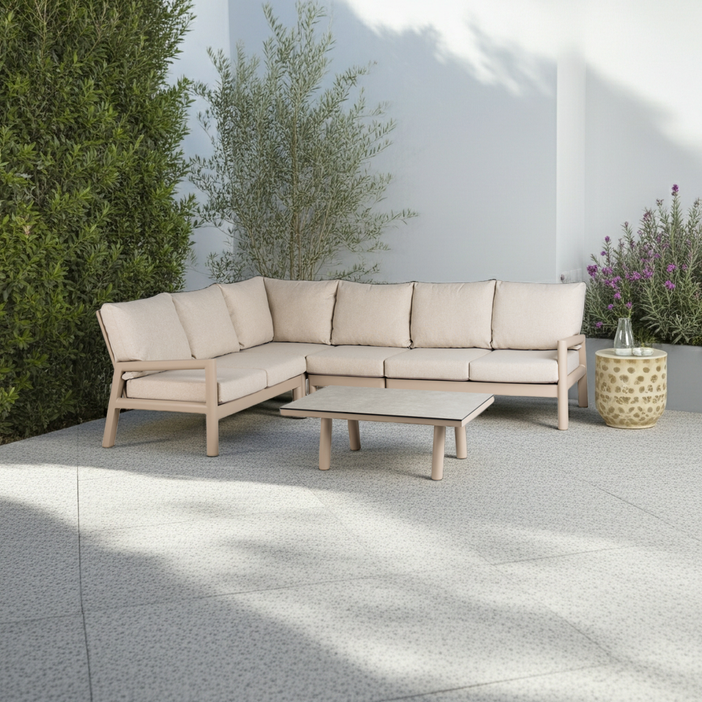 Tierra Outdoor Tierra Outdoor Sevilla 5-piece XL set with SMALL corner Champagne frame - Navajo White cushions -  OPHIRA HPL top