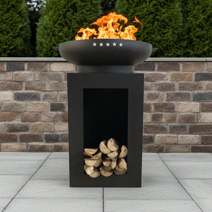 Enjoyfires vuurschaal op zuil met houtopslag - 60cm rond - totaal 97cm  hoog - UITLOOP