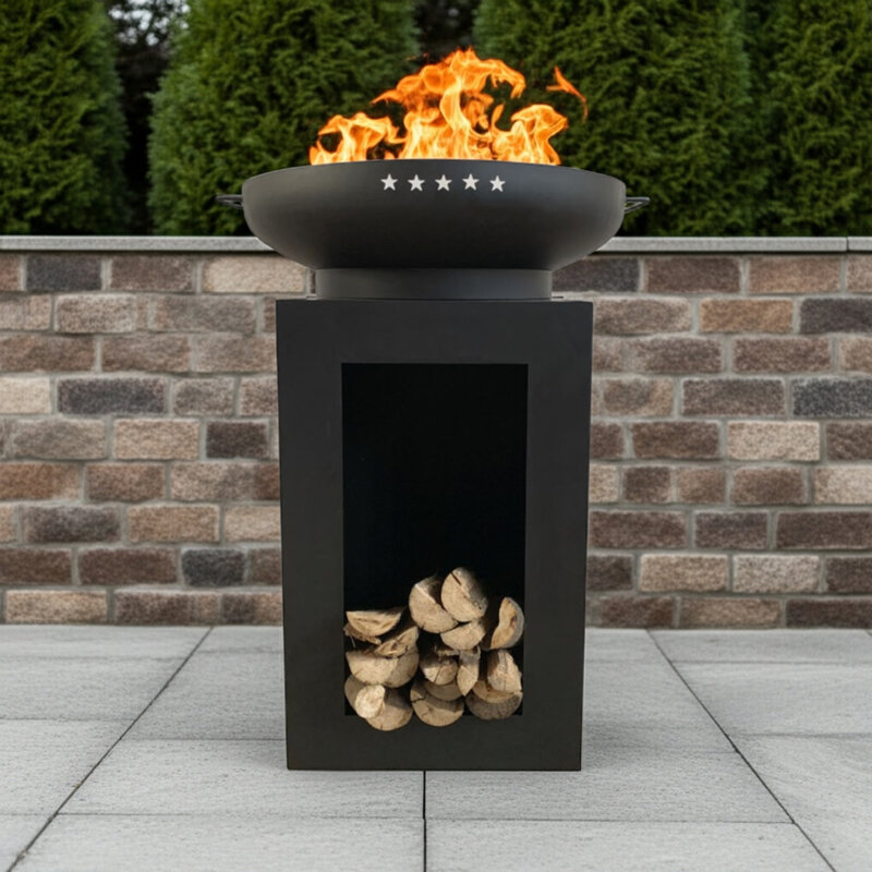 Enjoyfires vuurschaal 60cm op zuil met houtopslag, totaal 97cm  hoog - UITLOOP