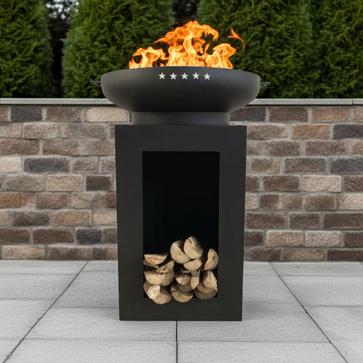 Enjoyfires vuurschaal op zuil met houtopslag - 60cm rond - totaal 97cm  hoog - UITLOOP