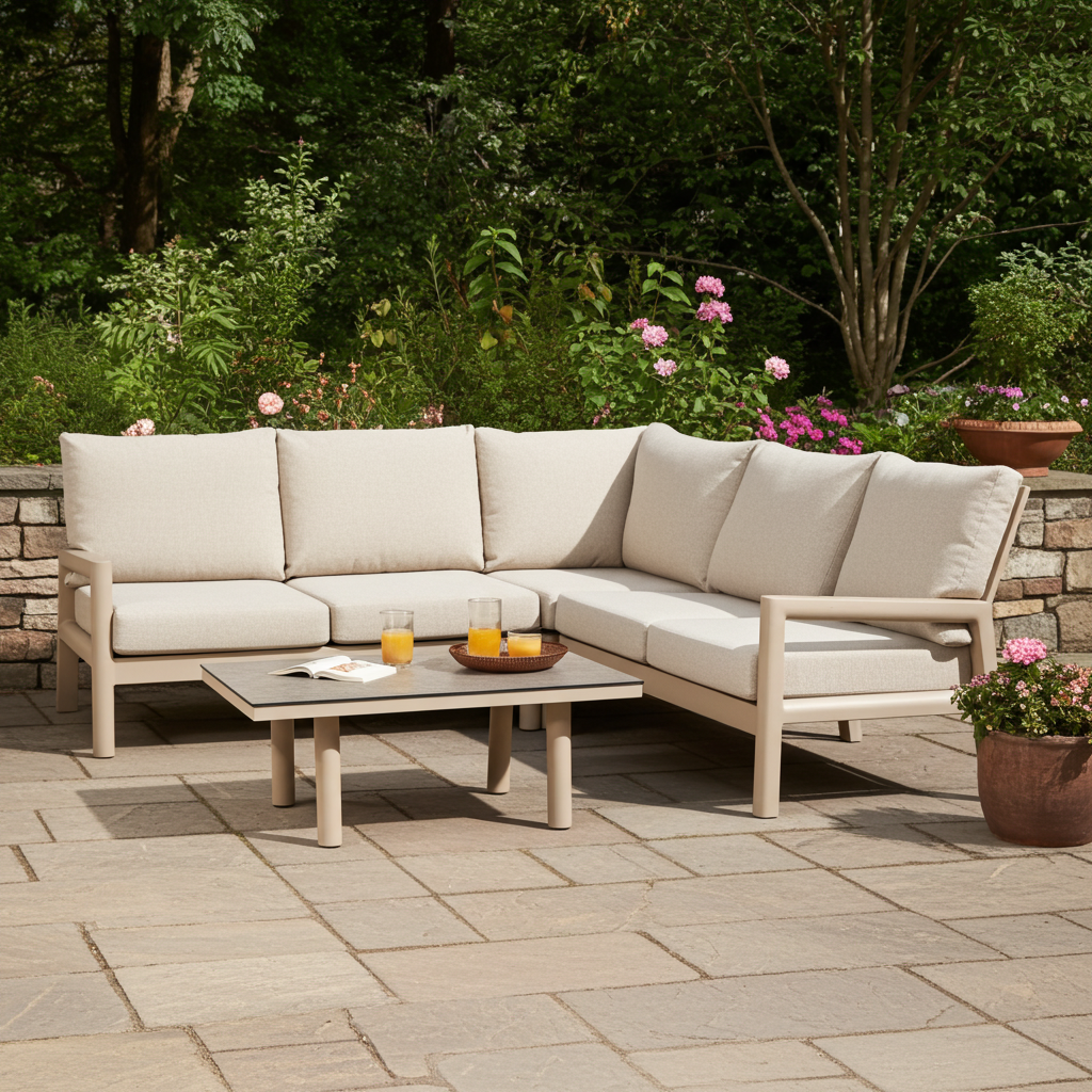 Tierra Outdoor Tierra Outdoor Sevilla 4-piece SMALL corner set with Champagne frame - Navajo White cushions - with table HPL Ophira top