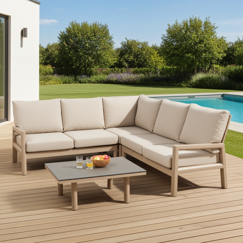 Tierra Outdoor Tierra Outdoor Sevilla 4-delige SMALL corner set Champagne frame - Navajo White kussens - met tafel met HPL Ophira top