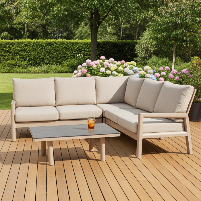 Tierra Outdoor Tierra Outdoor Sevilla 4-piece SMALL corner set with Champagne frame - Navajo White cushions - with table HPL Ophira top