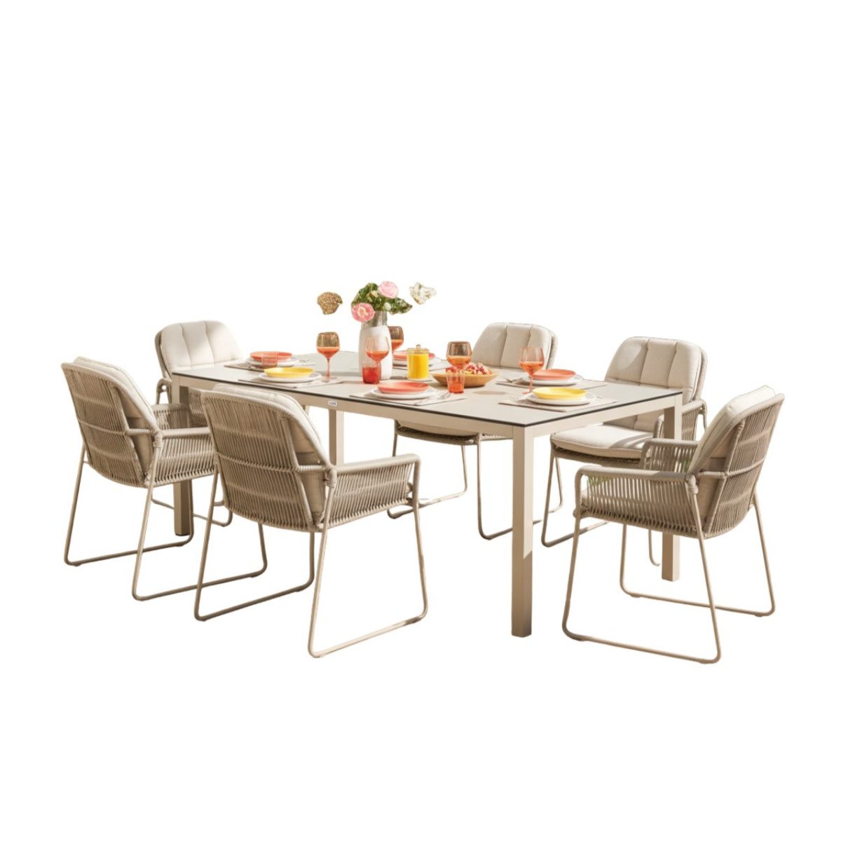 Hamilton Bay Outdoor Tierra Outdoor 7-piece dining set with Rivera armchair champagne and BRIGA table 220x110cm w. Ophira stonelook HPL top