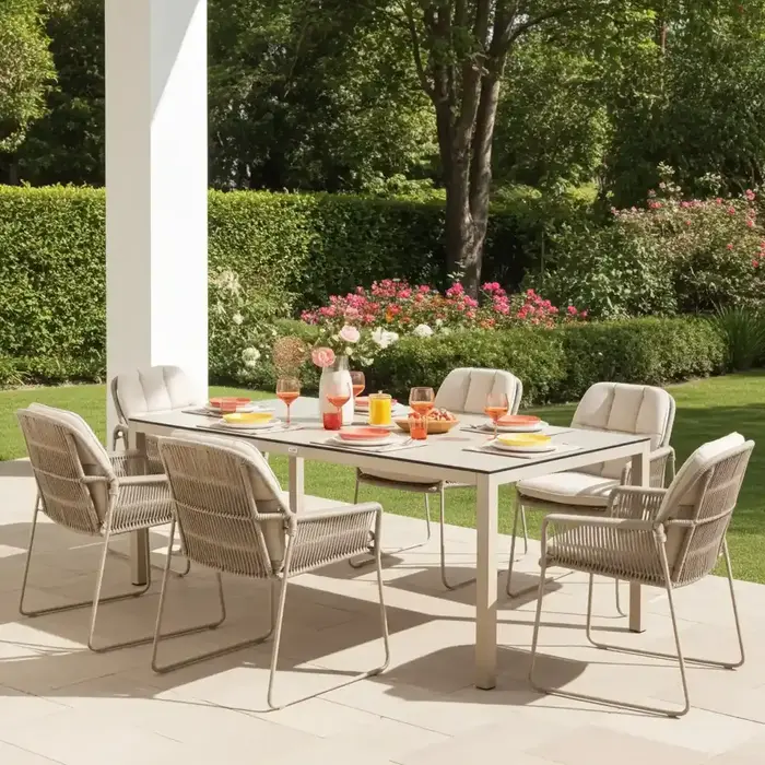 Hamilton Bay Outdoor Tierra Outdoor 7-piece dining set with Rivera armchair champagne and BRIGA table 220x110cm w. Ophira stonelook HPL top