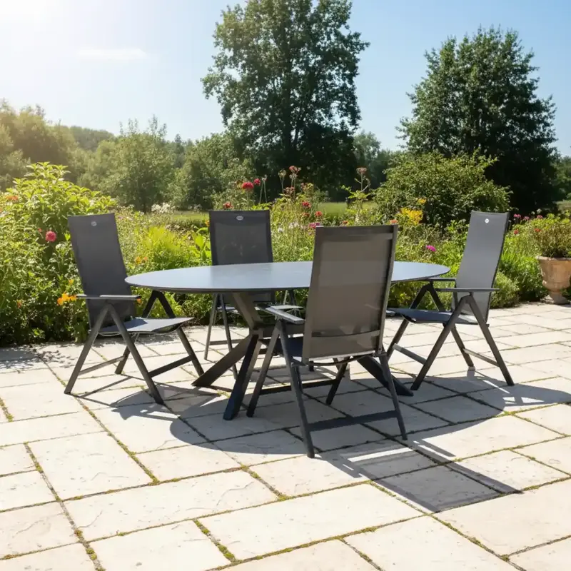 Hamilton Bay Outdoor Hartman 5-delig tuinset met vier Aruba standenstoelen en Xander table 220x120 ceramic top, Xerix donkergrijs
