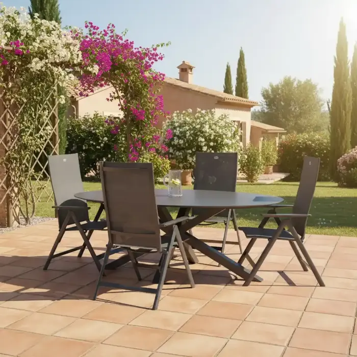 Hamilton Bay Outdoor Hartman 5-delig tuinset met vier Aruba standenstoelen en Xander table 220x120 ceramic top, Xerix donkergrijs