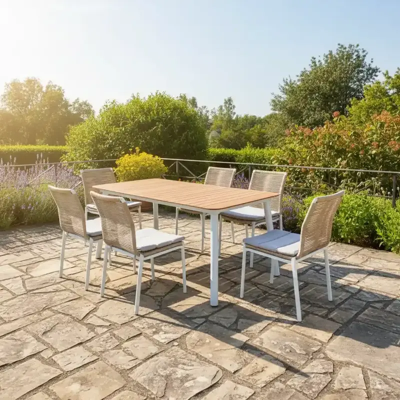 Hamilton Bay Outdoor Hamilton Bay 7-piece dining set Friendly diningchair white-natural and MIKA table +teak 182x92cm