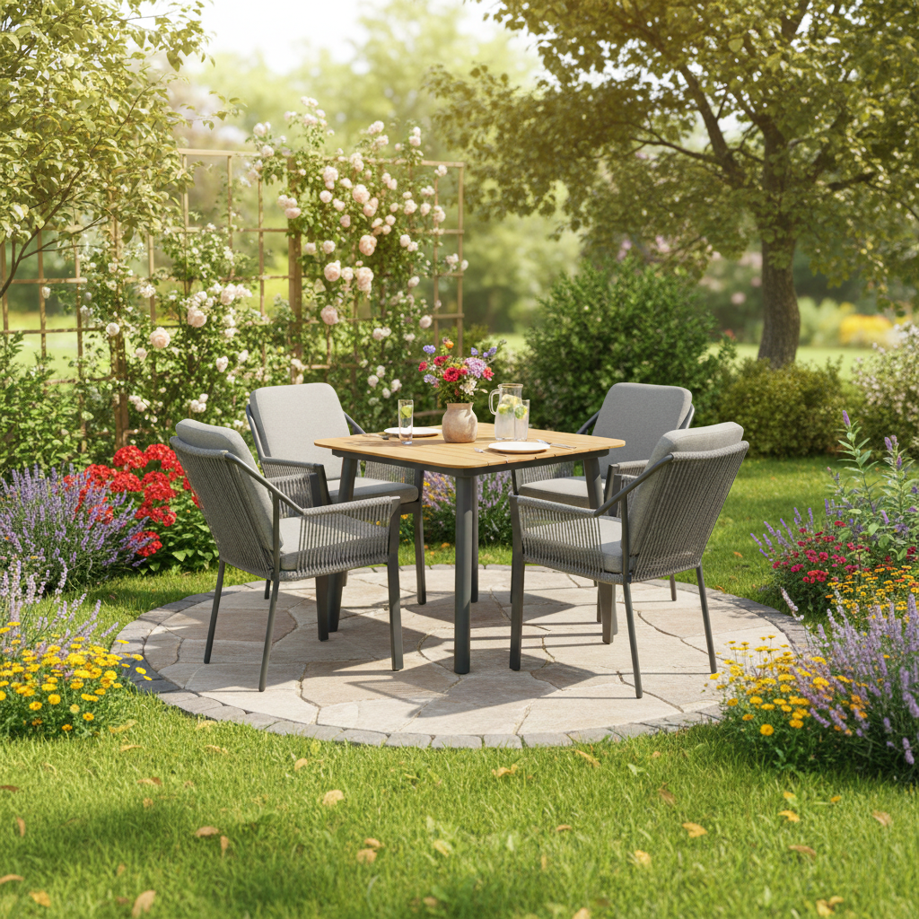 Hamilton Bay Outdoor 5-pice garden set LIV dark grayand MIKA table dark gray + teak 90x90cm