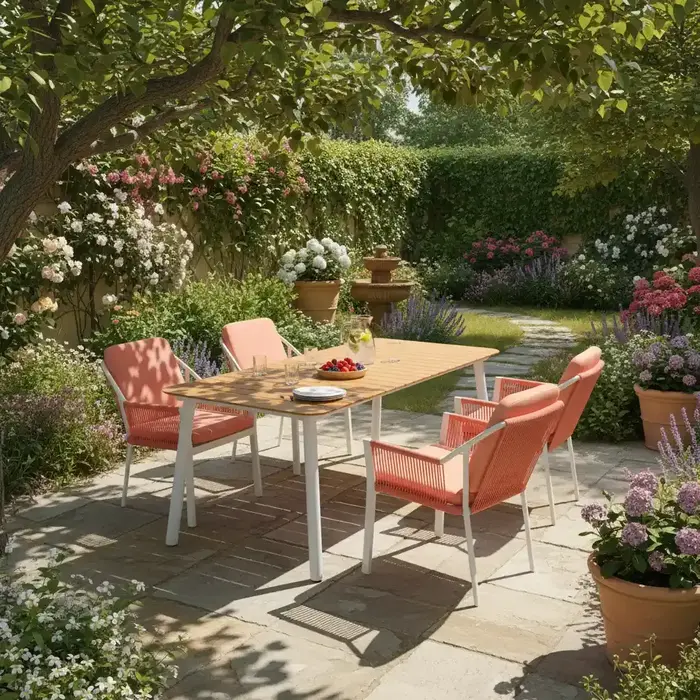 Hamilton Bay Outdoor 5-piece garden set LIV wit- Lobster red and MIKA table +teak 182x92cm